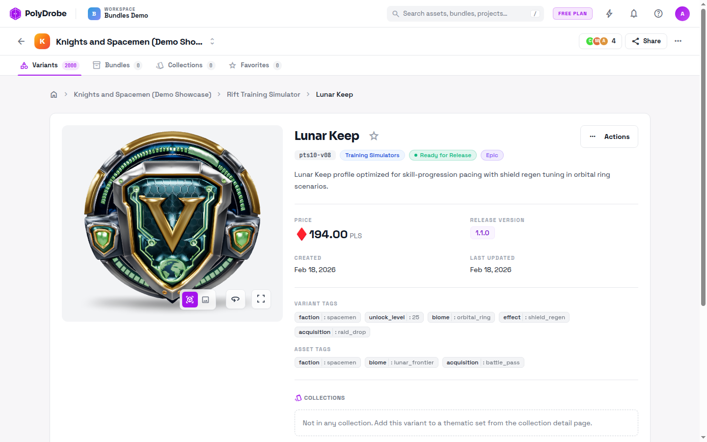 Registro de asset en PolyDrobe que muestra variantes, precios, revisores y metadatos en bruto